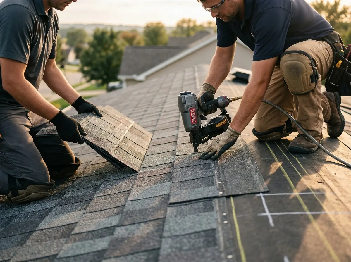 Professional roofer working on a residential roof in Belvedere Park